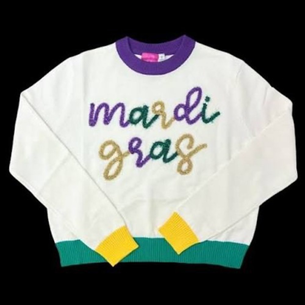 Women's queen of sparkles small Mardi Gras‎ Chenille Script Sweater top shirt